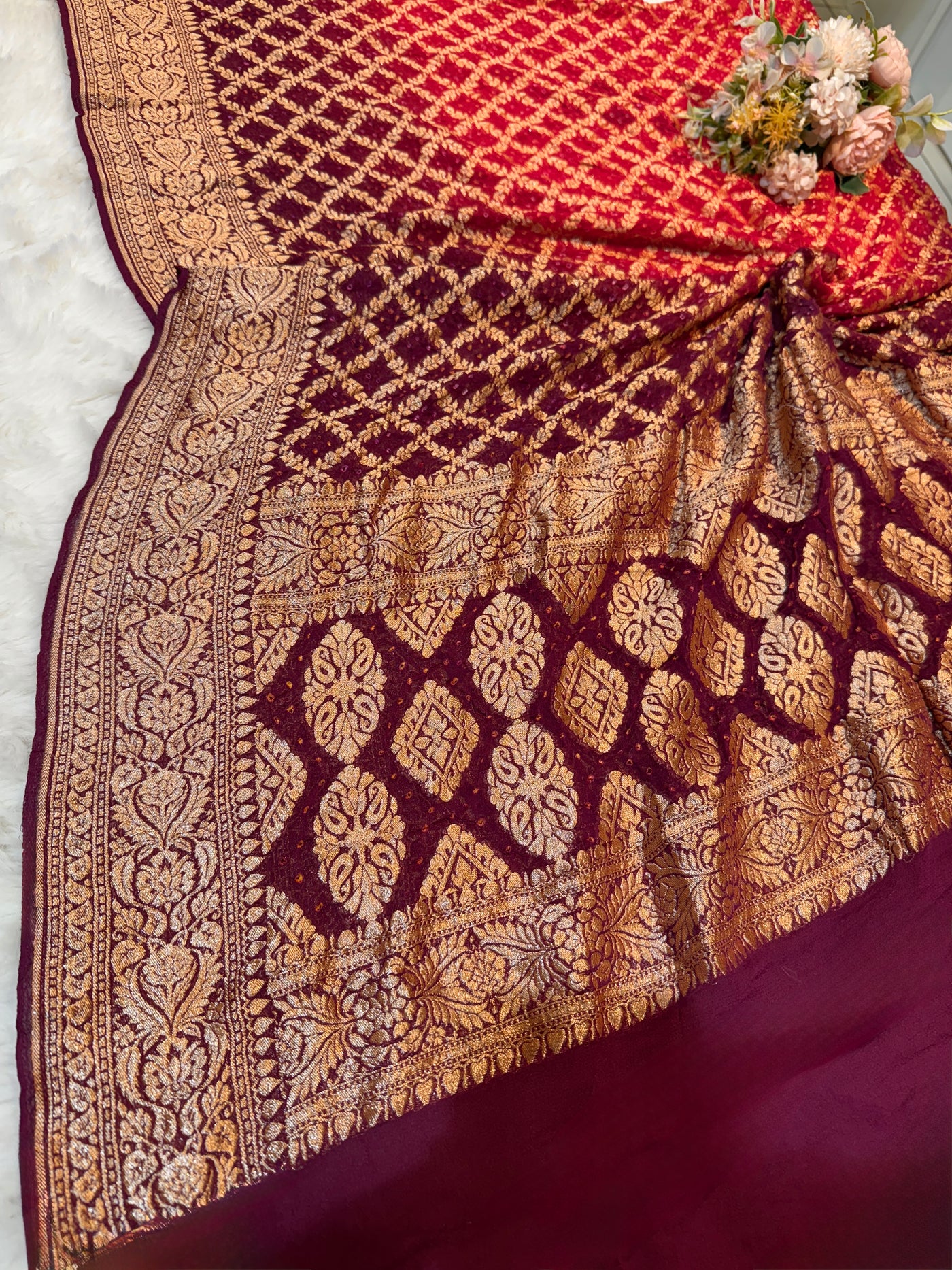 Pure Georgette Handmade Bandhini Dupatta with Banarasi Work 2.50 meter length
