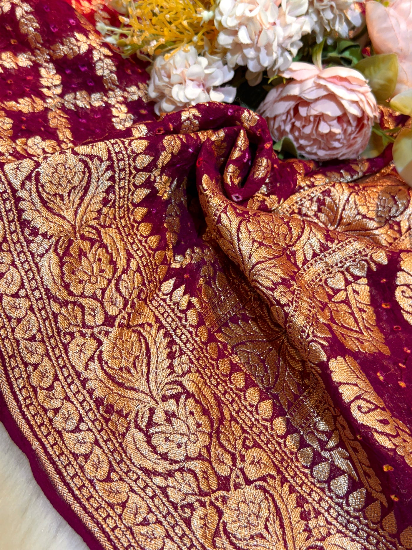 Pure Georgette Handmade Bandhini Dupatta with Banarasi Work 2.50 meter length