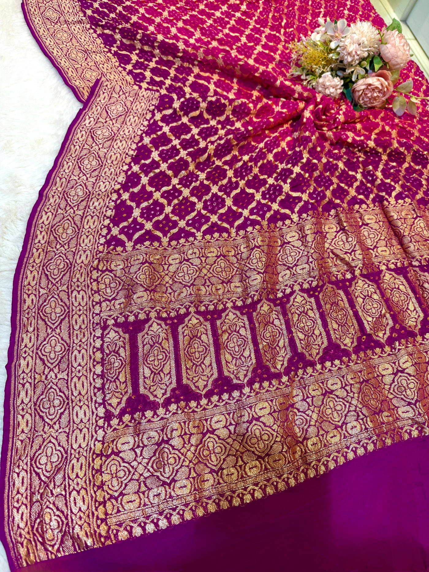 Pure Georgette Handmade Bandhini Dupatta with Banarasi Work 2.50 meter length
