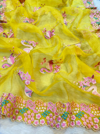 Yellow Flamingo Pure Organza Parsi Work Suit Set