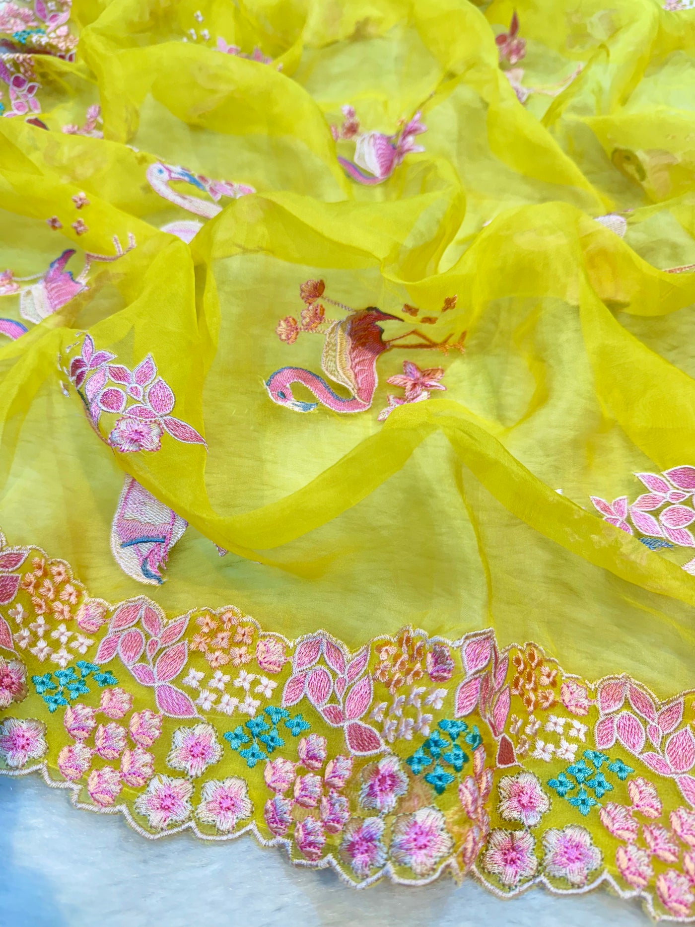 Yellow Flamingo Pure Organza Parsi Work Suit Set