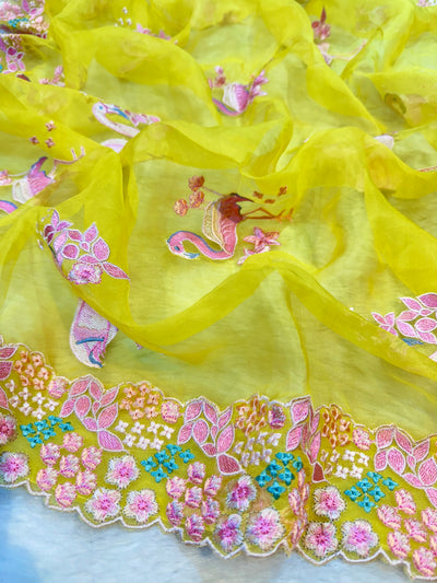 Yellow Flamingo Pure Organza Parsi Work Suit Set