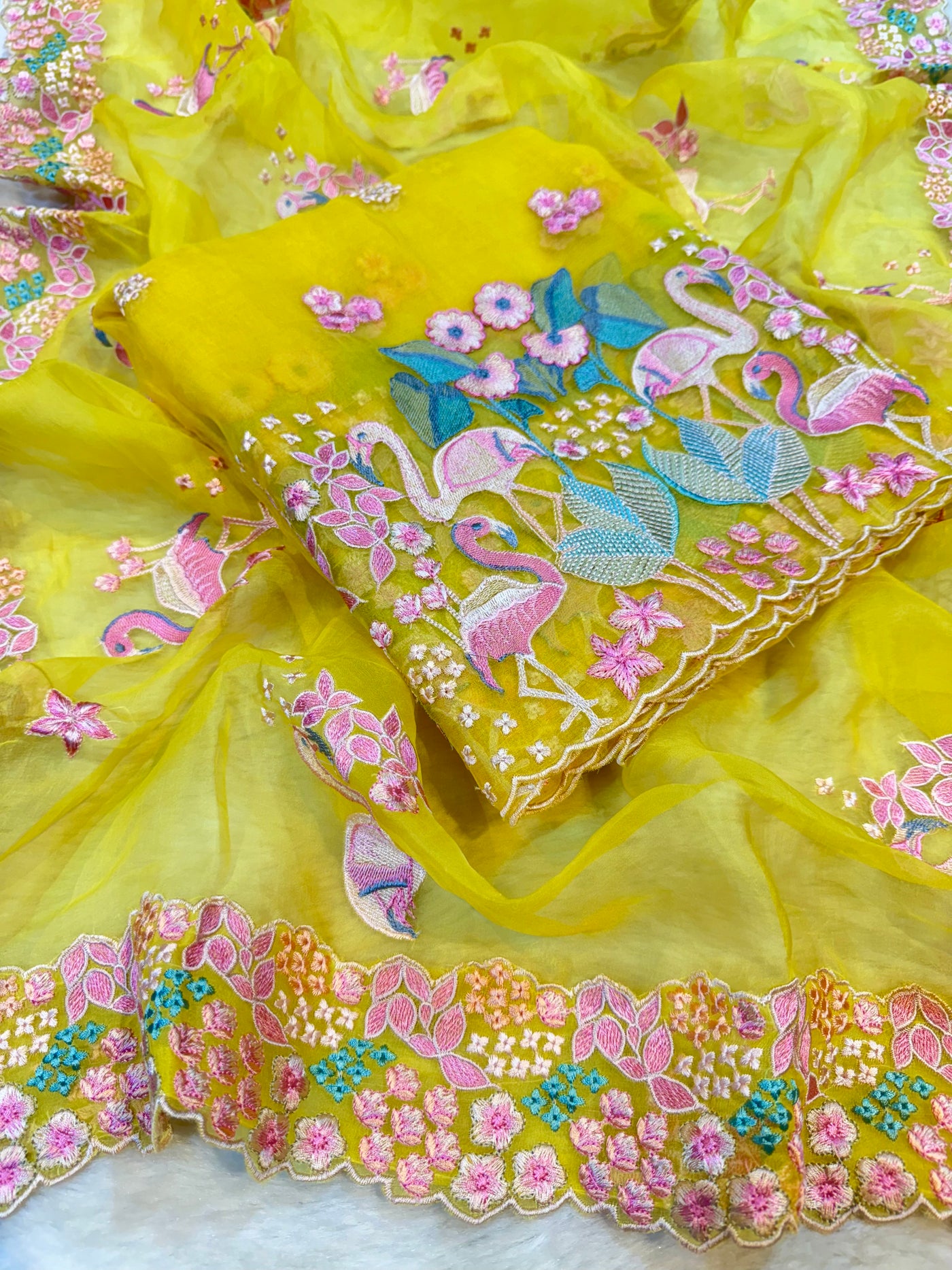 Yellow Flamingo Pure Organza Parsi Work Suit Set