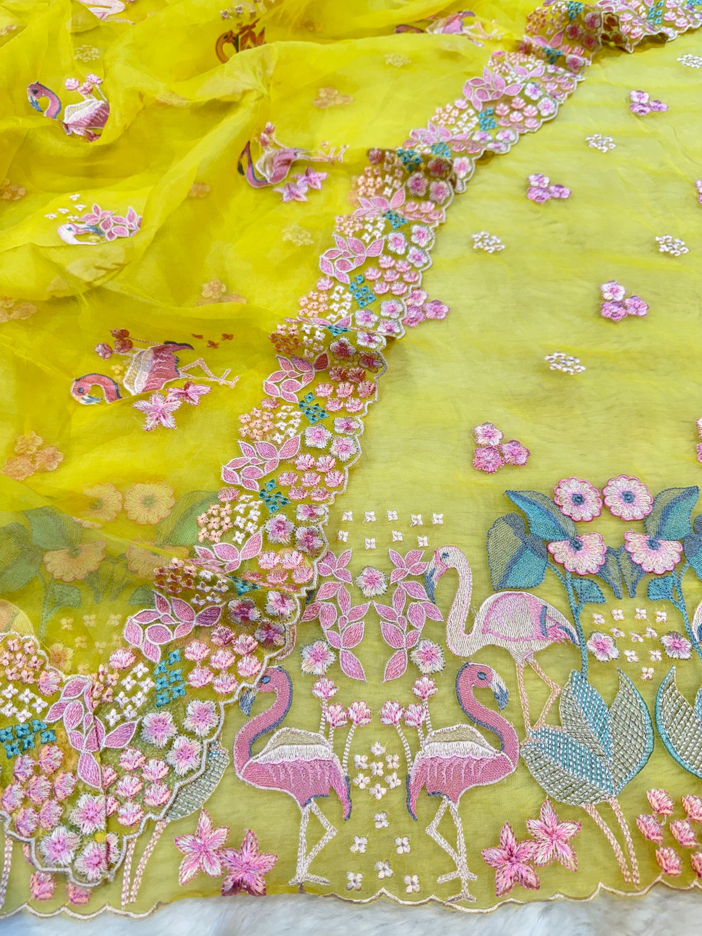 Yellow Flamingo Pure Organza Parsi Work Suit Set