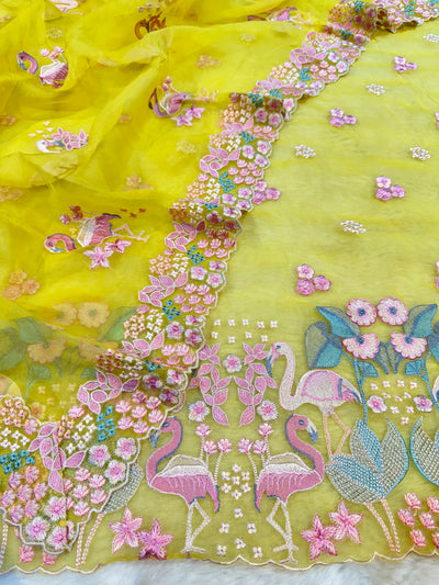 Yellow Flamingo Pure Organza Parsi Work Suit Set