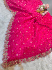 Falak Pink Pure munga Silk Original Hand bandhej dupatta with Banarsi booti and Cutwork borders