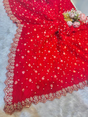 Falak Red Pure munga Silk Original Hand bandhej dupatta with Banarsi booti and Cutwork borders