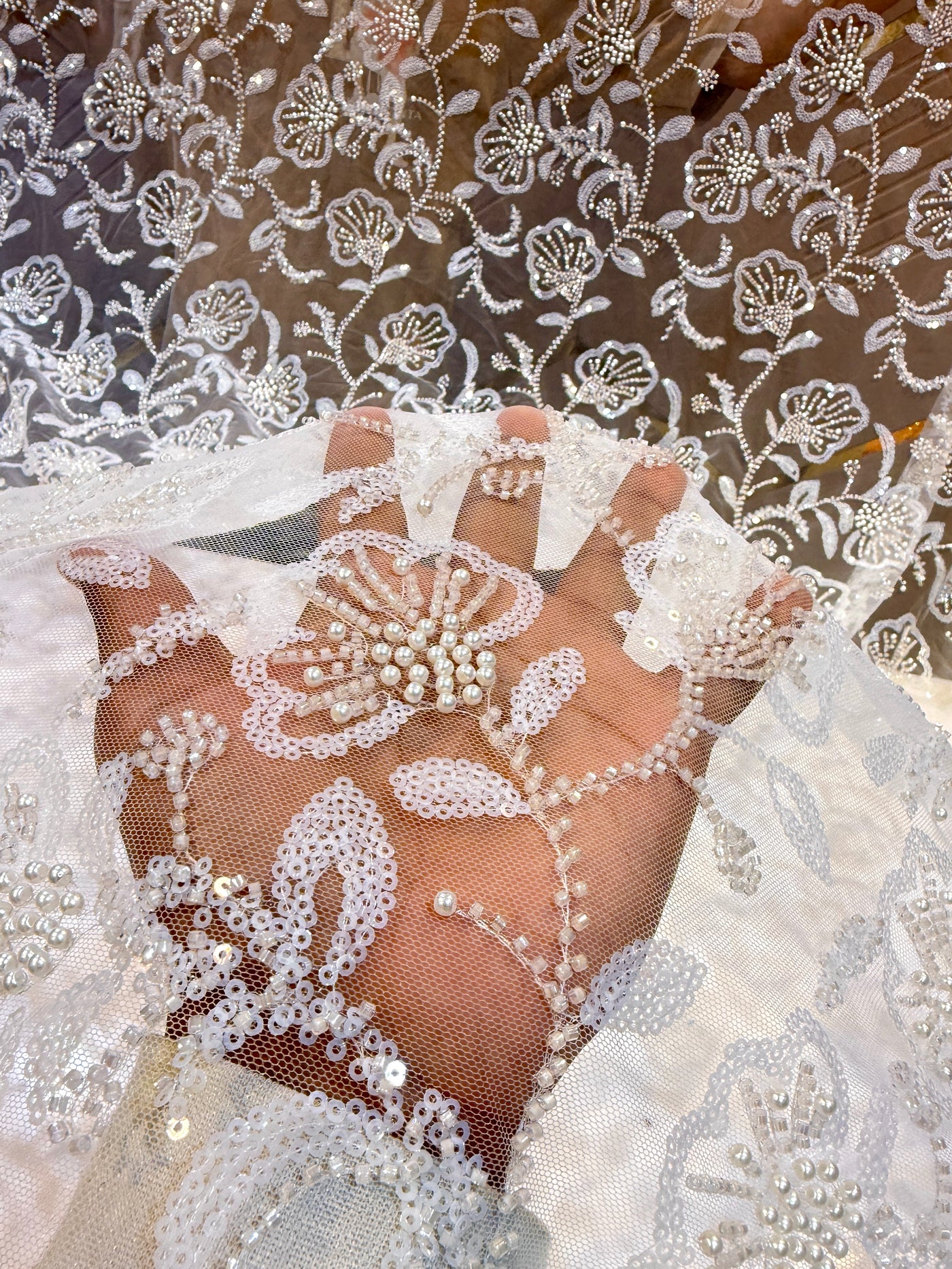 Imported Handwork Net Embroidery with Pearl and Cutdana Work 44 inch width