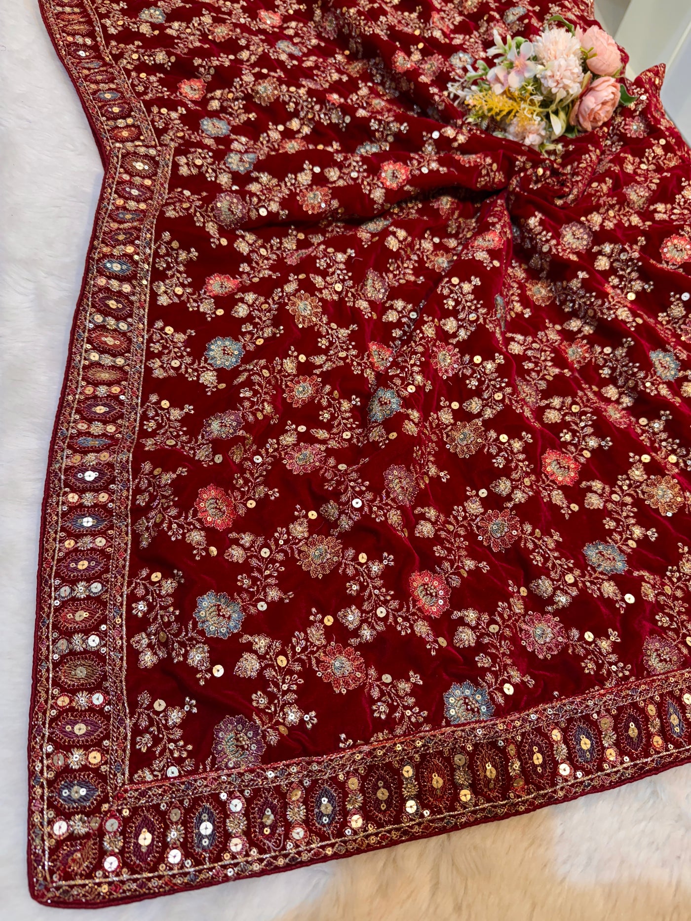 Red Pure velvet Limited Edition Dupatta With Embroidery 2.40 meter length