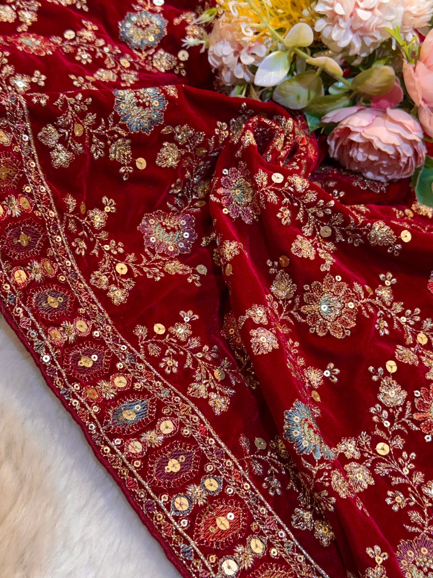 Red Pure velvet Limited Edition Dupatta With Embroidery 2.40 meter length