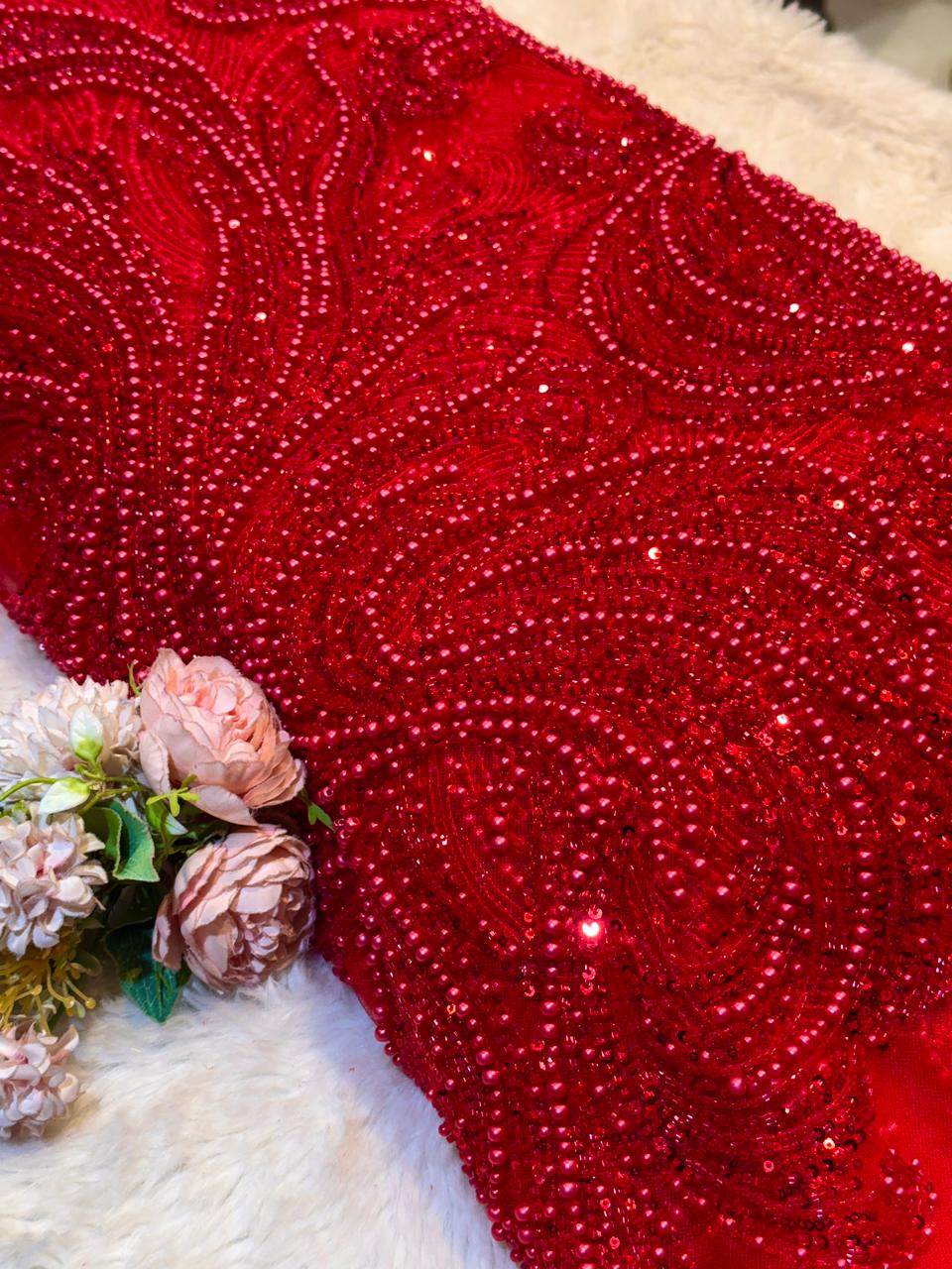 Red Imported Handwork Net Embroidery with Cutdana, Sequins and Pearl w ...