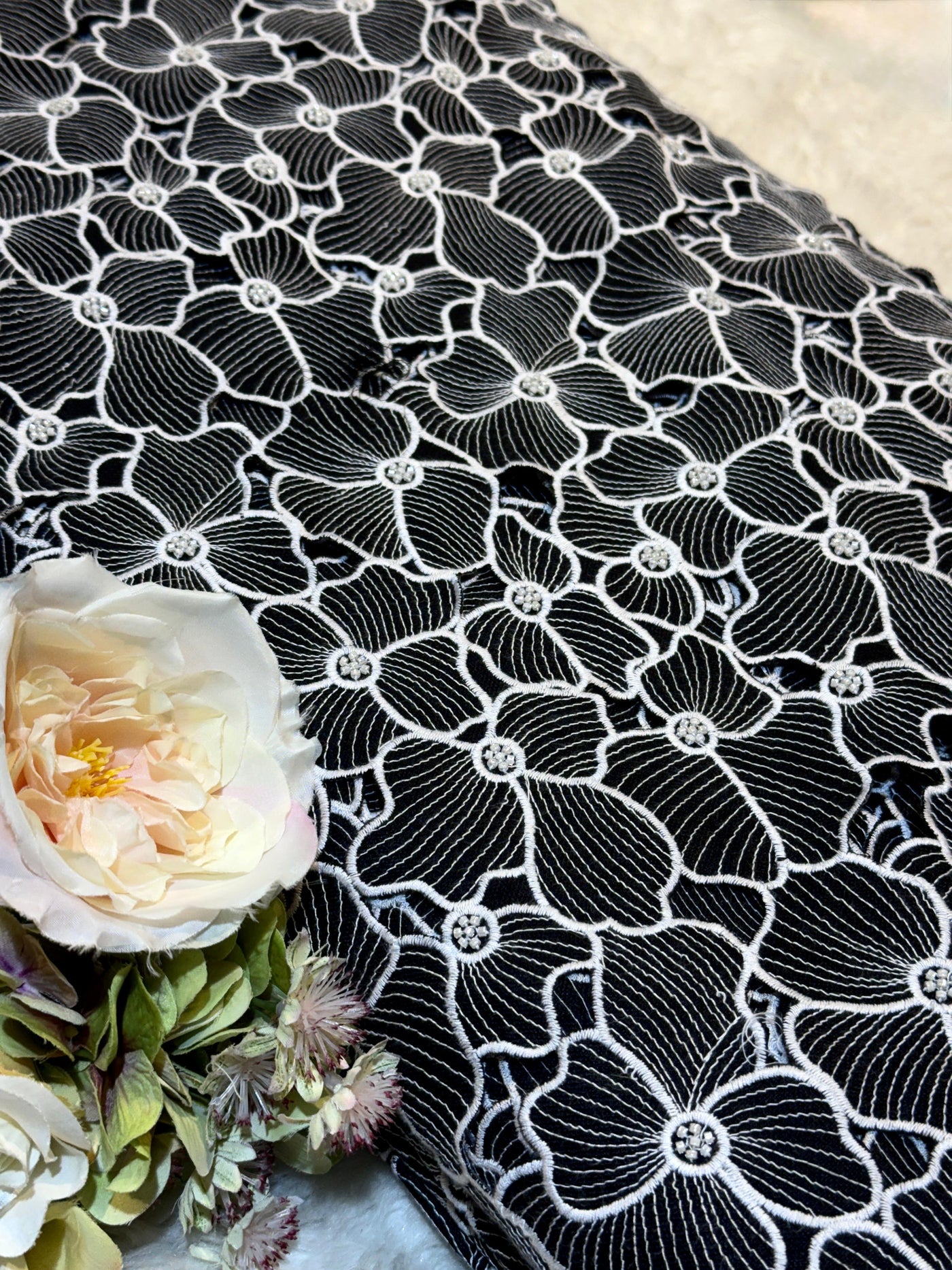 Cutwork Handwork Black Pure Linen Floral Cutwork with Handwork 42 inch width – Fabric ...