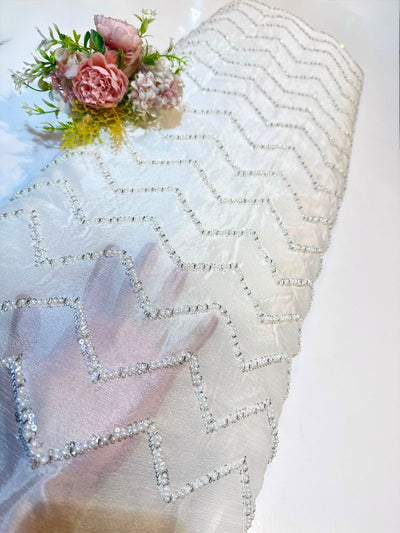 White Pure Chinon Pearl Zig Zag Handwork Embroidery dyeable 44