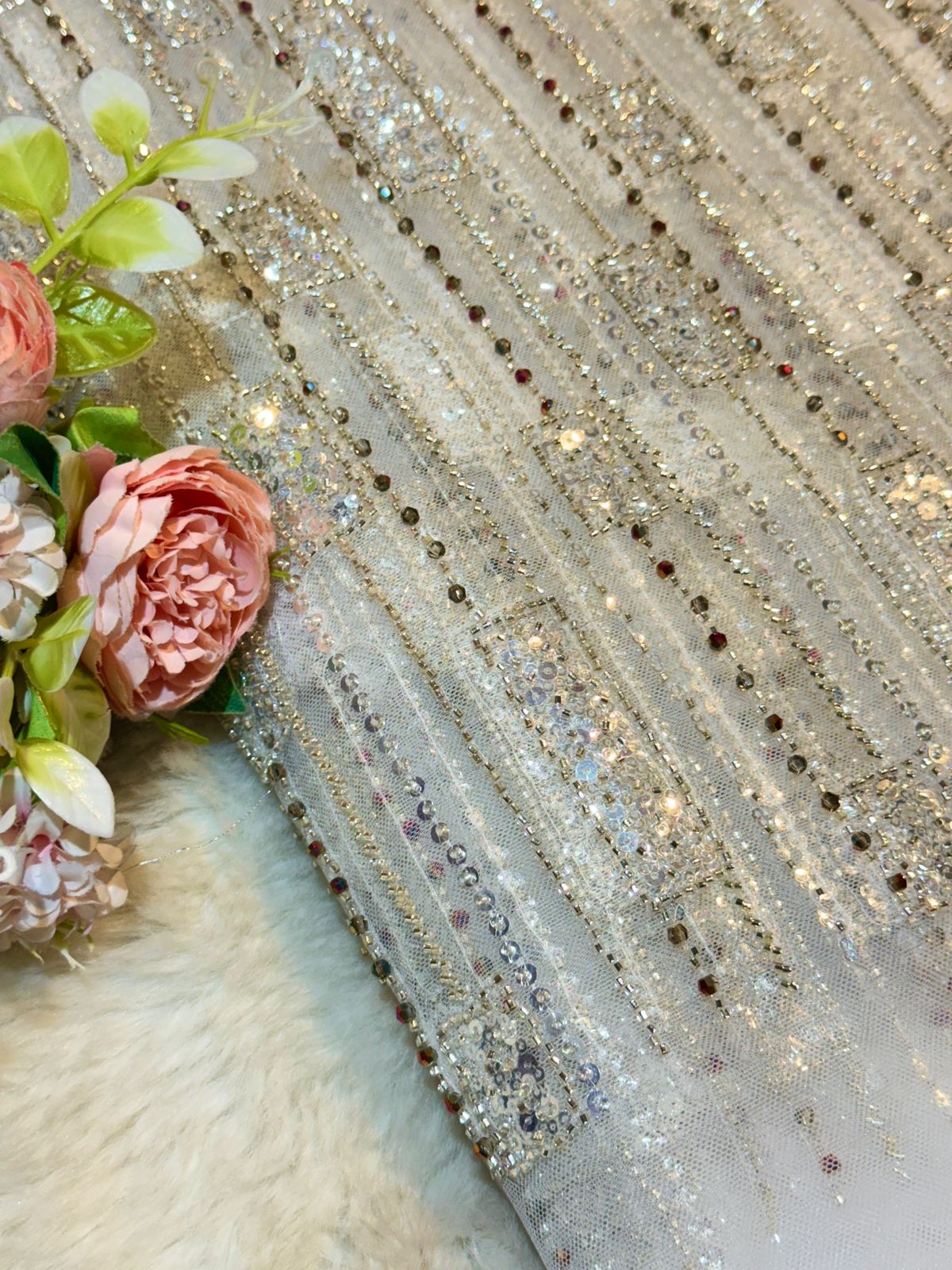 Imported Net Handwork Embroidery Crystal and Cutdana work 54 Inch width