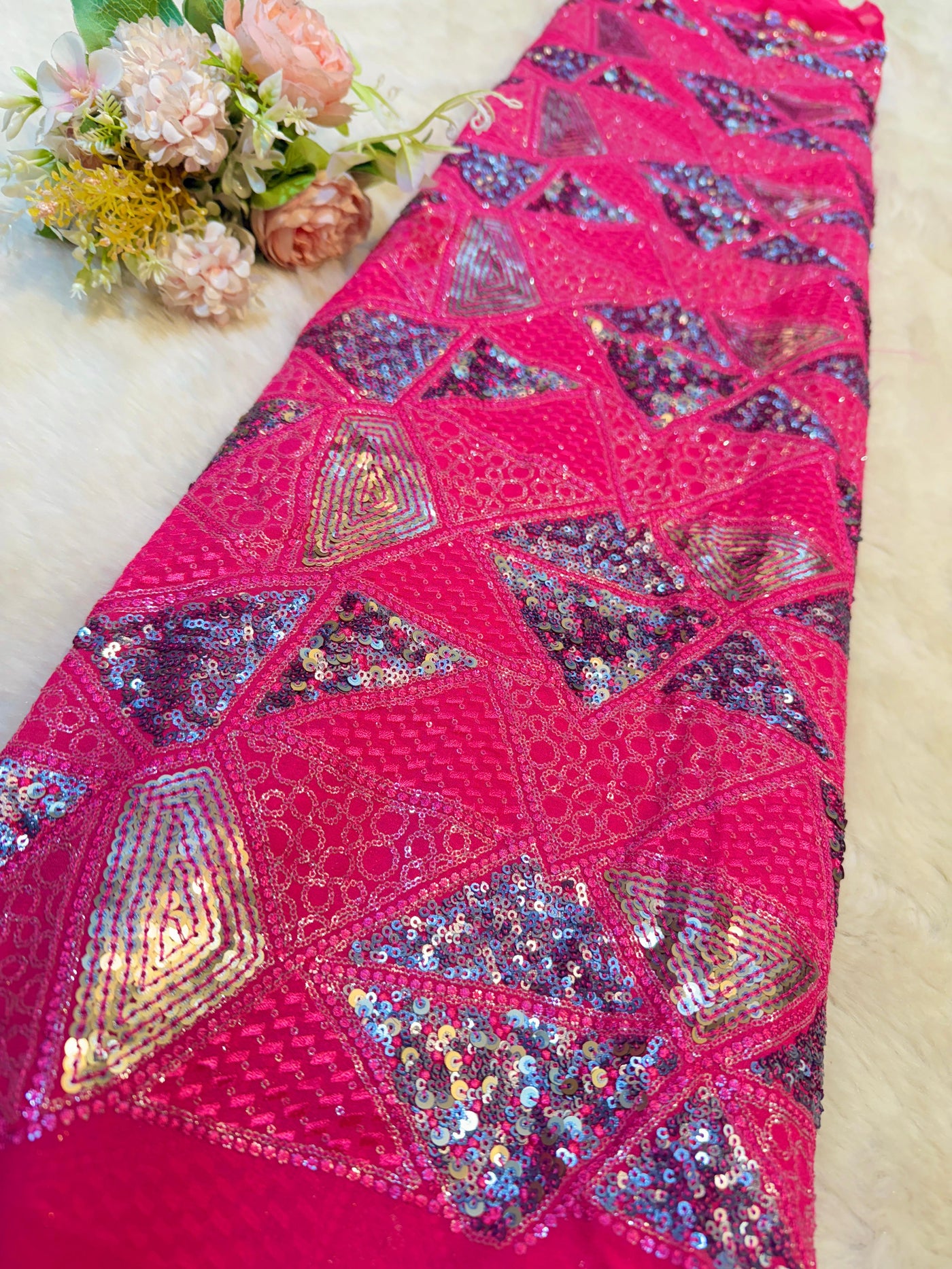 Hot Pink Georgette Thread And Sequins Embroidery Prism Pattern 44 inch width