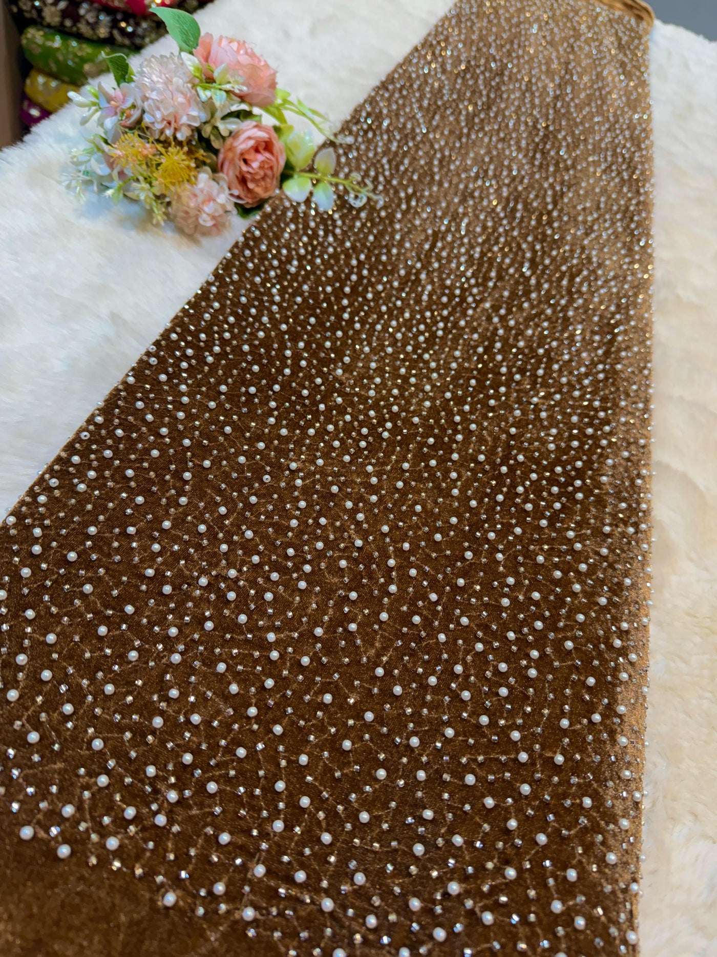 Pearl and Cutdana Handwork Velvet 54 Inch width Stretchable