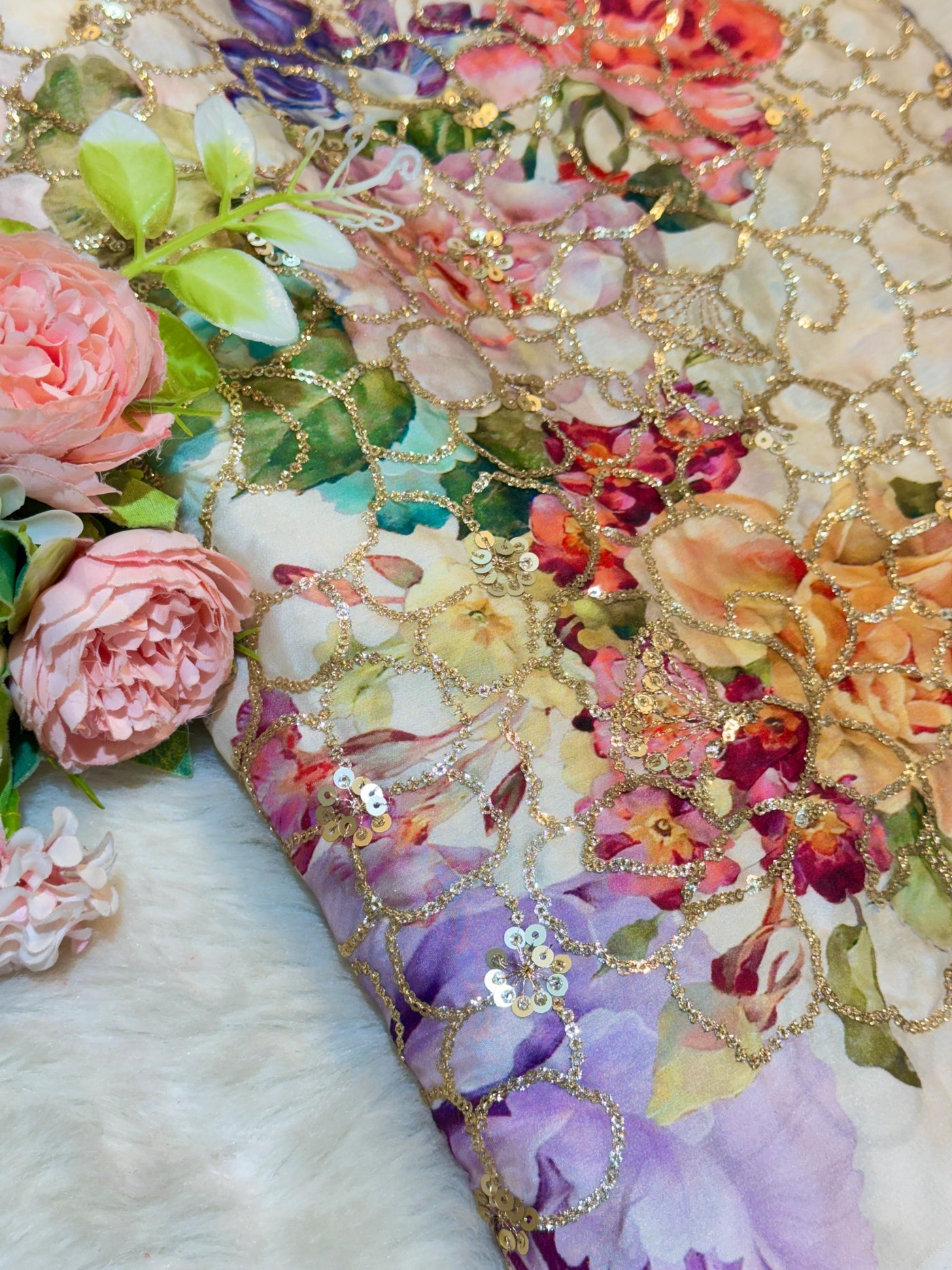 Ifra Satin Georgette Floral with Sequins Embroidery 44 inch width