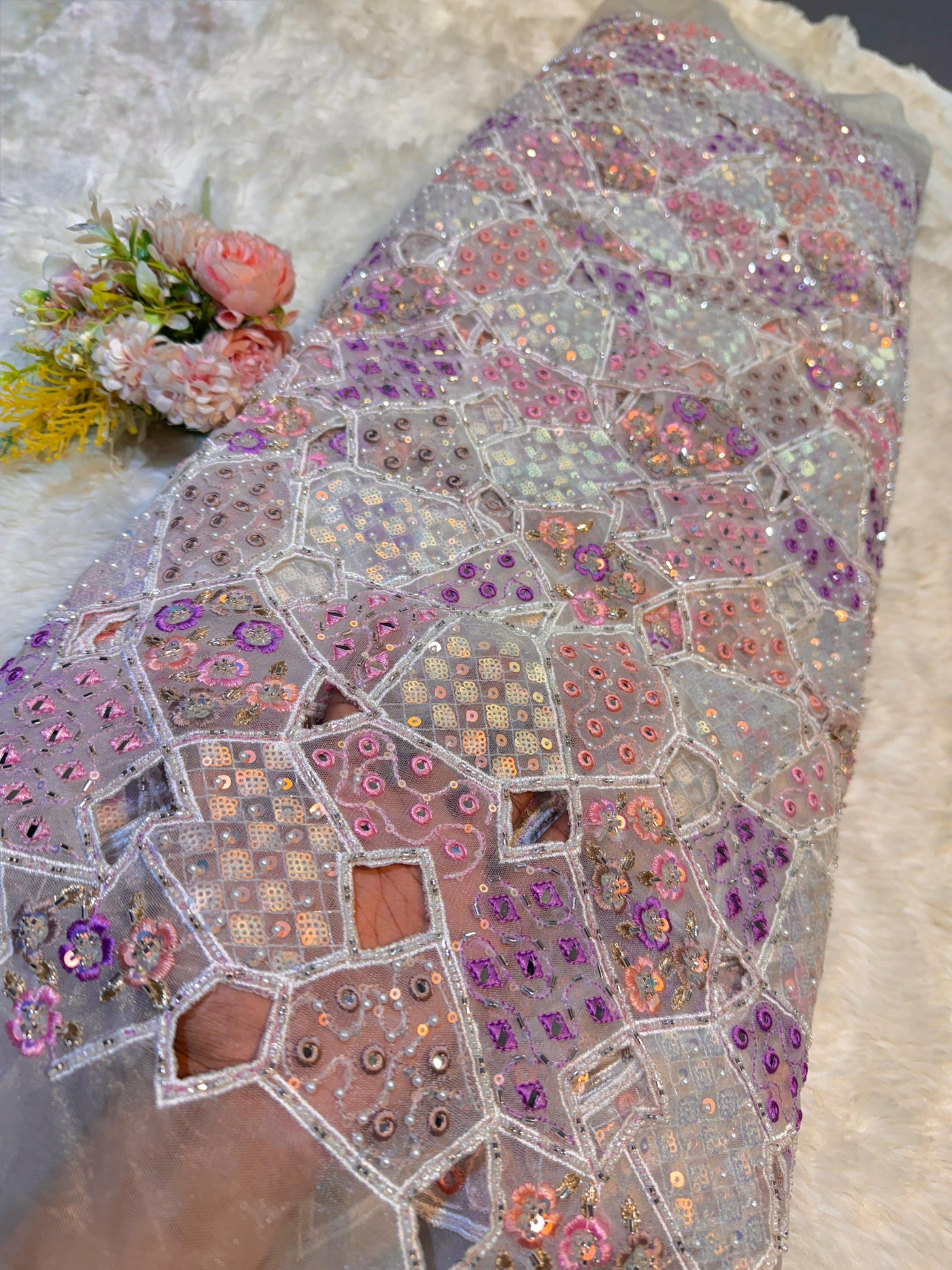 Cutwork Handwork White Handwork Net Embroidery with Cutwork 44 inch width (P) – Fabric ...