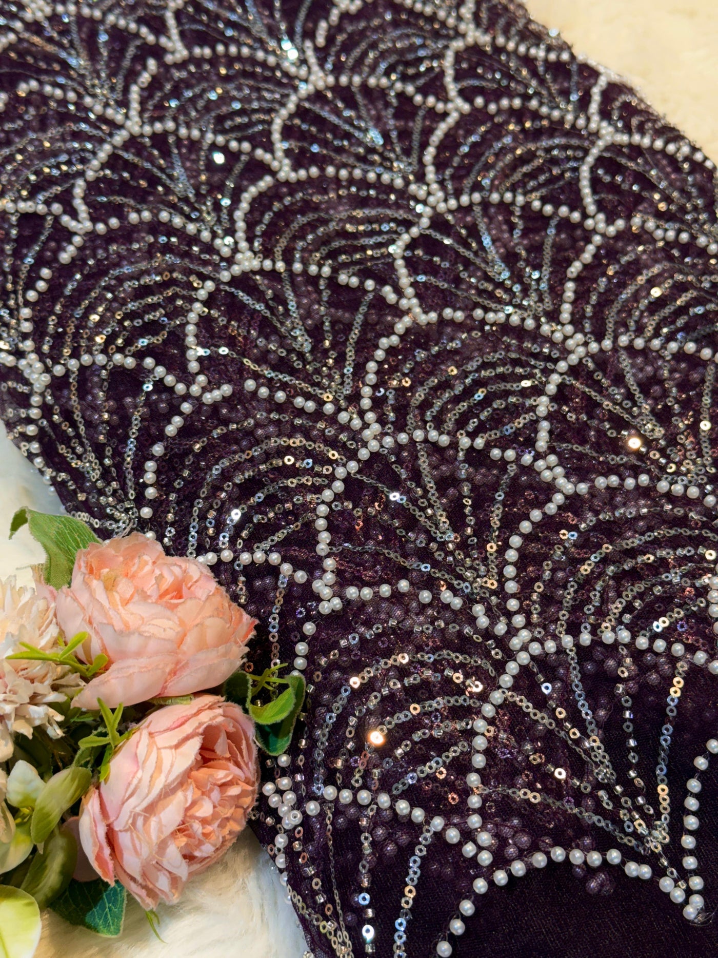 Elif Lite Wine Color Handwork Net Embroidery With Pearl Sequins And Cutdana Work 54 inch width