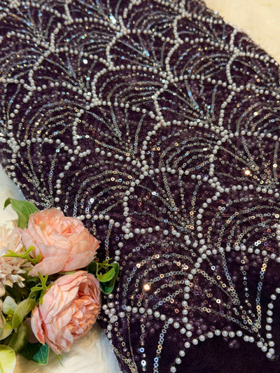 Elif Lite Wine Color Handwork Net Embroidery With Pearl Sequins And Cutdana Work 54 inch width