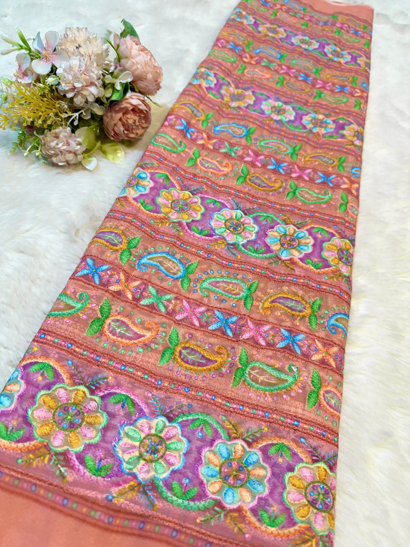 Peach Georgette Chikankari Stripe Floral Threadwork Embroidery 44 inch width