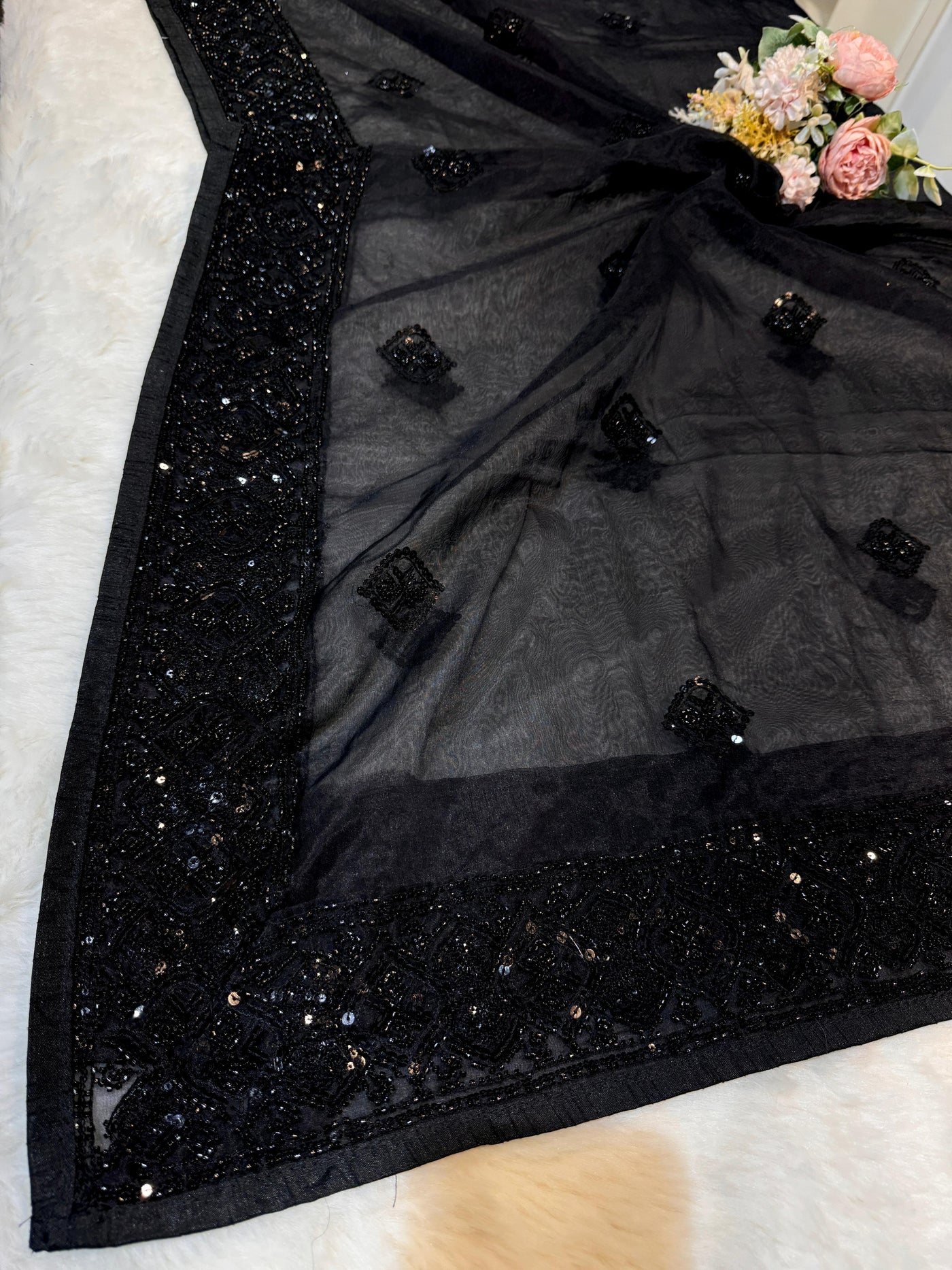 Black Organza Handwork Dupatta With 4 Side Borders 2.50 Meter Length