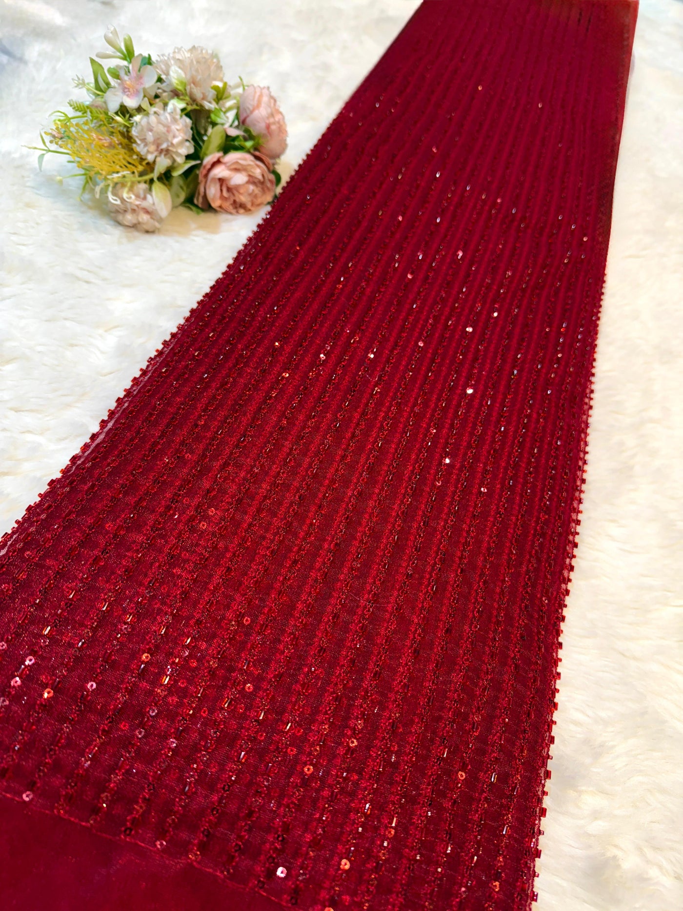 Maroon Stripe Handwork Net 44 inch width