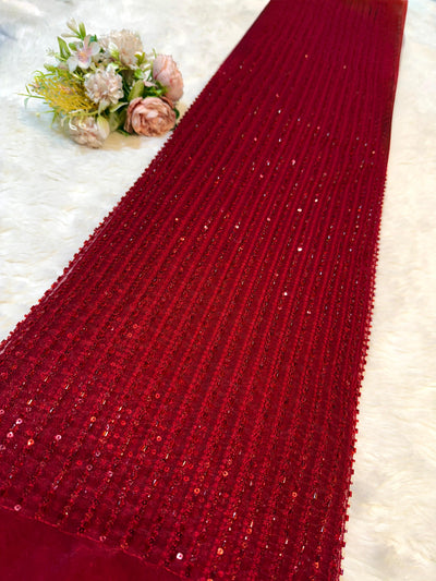 Maroon Stripe Handwork Net 44 inch width