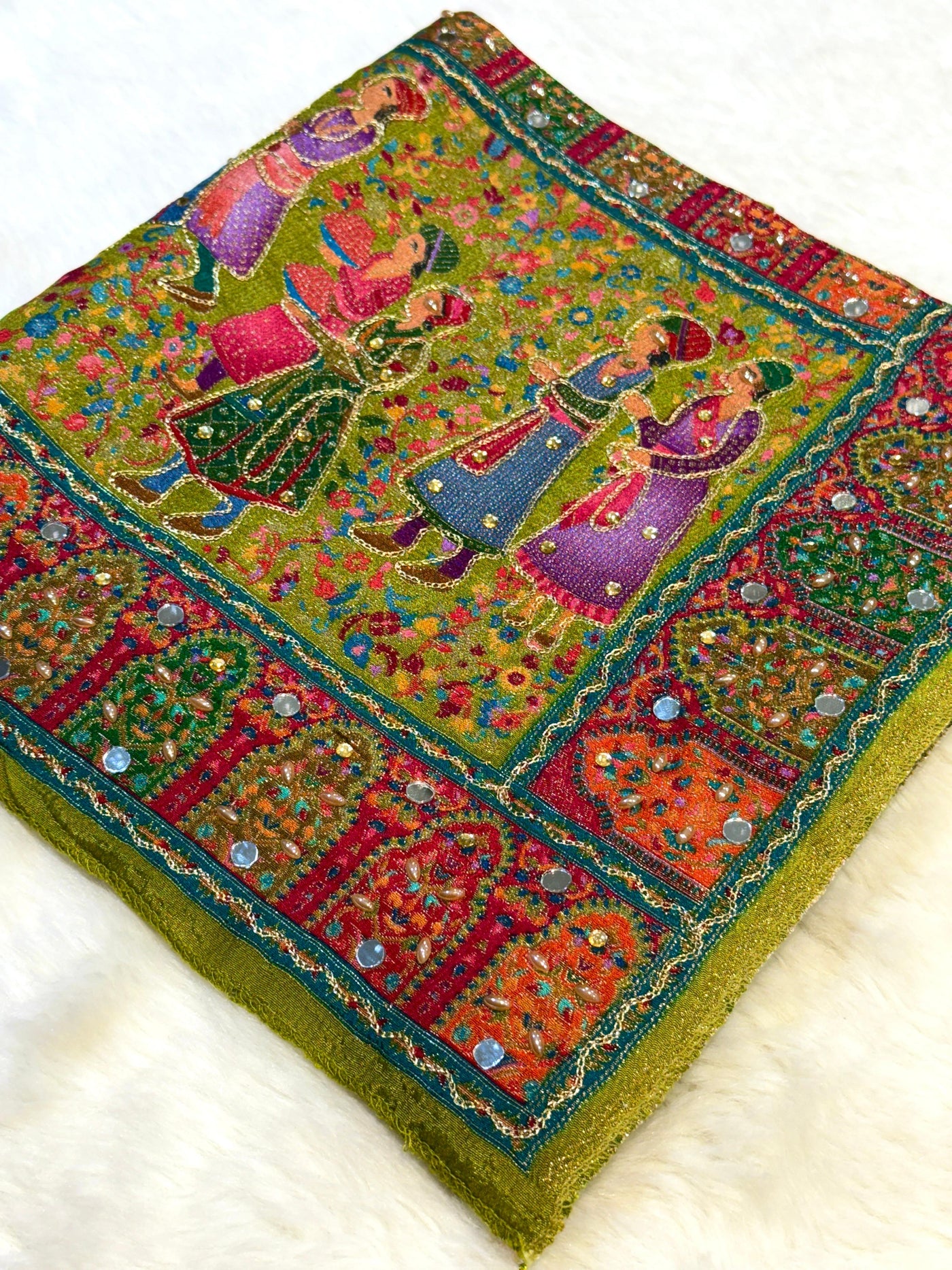 Darbar Mehndi Green Pure Silk Dupatta with Real Handwork 2.50 meter length