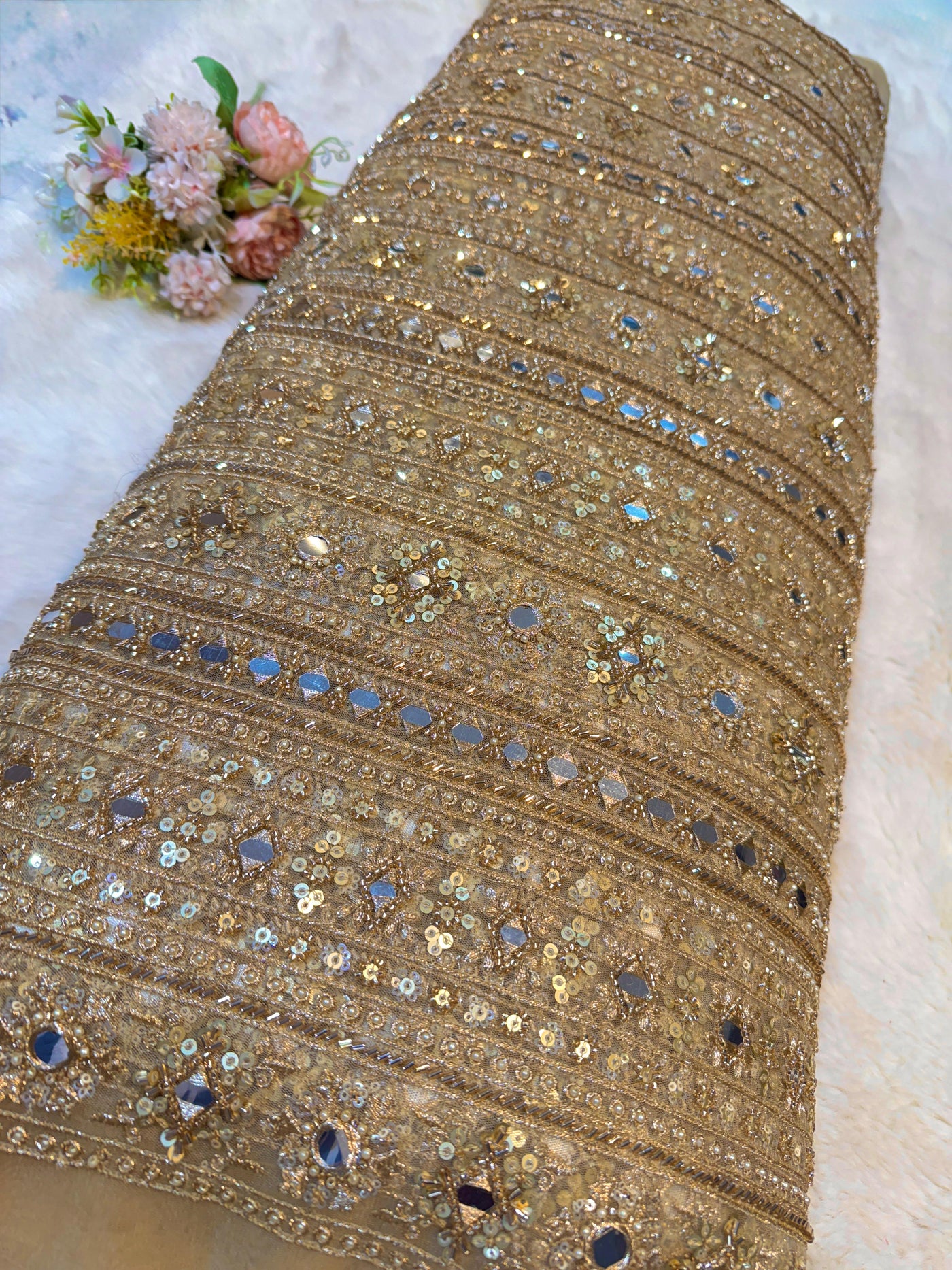 Beige Handwork Net Embroidery Stripes Pattern with Cutdana Mirror Work 44 inch width