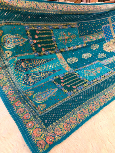 Sajda Teal Blue Pure Silk Dupatta With Real Mirror Handwork 2.50 meter length