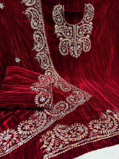 Maroon Crush Velvet Handwork Suit Set