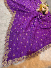 Falak Light Purple Pure munga Silk Original Hand bandhej dupatta with Banarsi booti and Cutwork borders