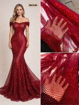 Red Imported Rhinestone Handwork Embroidery Crochet Fabric 54 inch width (P)