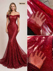 (Precut of 0.30 Meter) Red Imported Rhinestone Handwork Embroidery Crochet Fabric 54 inch width