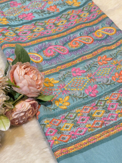 Blue  Georgette Chikankari Stripe Floral Threadwork Embroidery 44 inch width