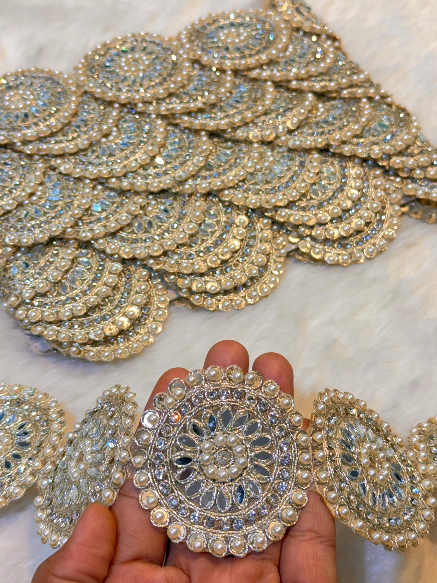 (Wholesale pack of 9 meter ) Lace Border With Cutdana Sequins Stone and Mirror work