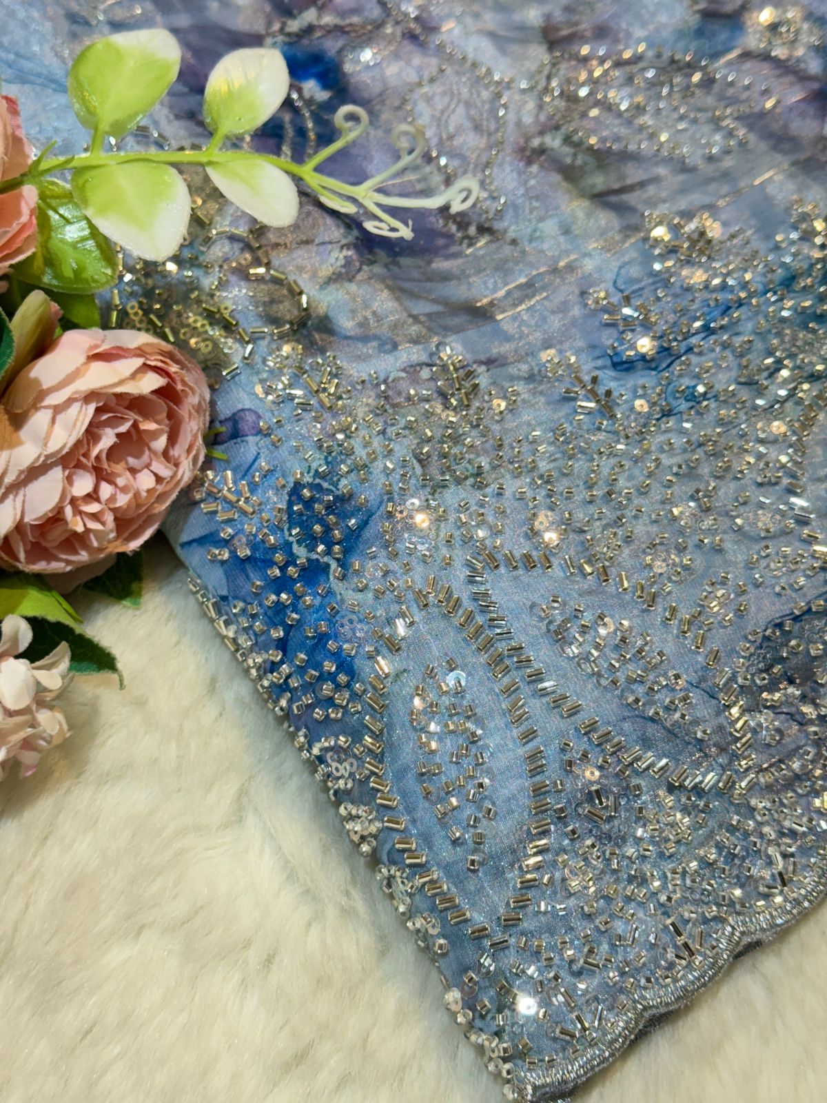 Jimmy choo Blue Tissue Handwork Embroidery 54 inch Width