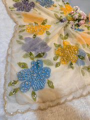 Ayesha Beige Pure Organza Handwork Dupatta With Floral Work and Four Side Scalloped Borders 2.40 meter length