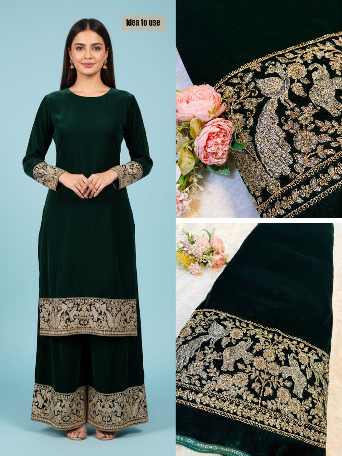 Bottle Green Ivy Velvet Daaman Zari embroidery  44 Inch width