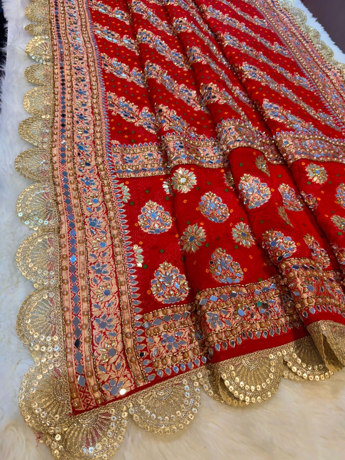 Sheeshmahal Hot Red Real Mirror Handwork Dupatta Pure Georgette Base 2.40 meter length