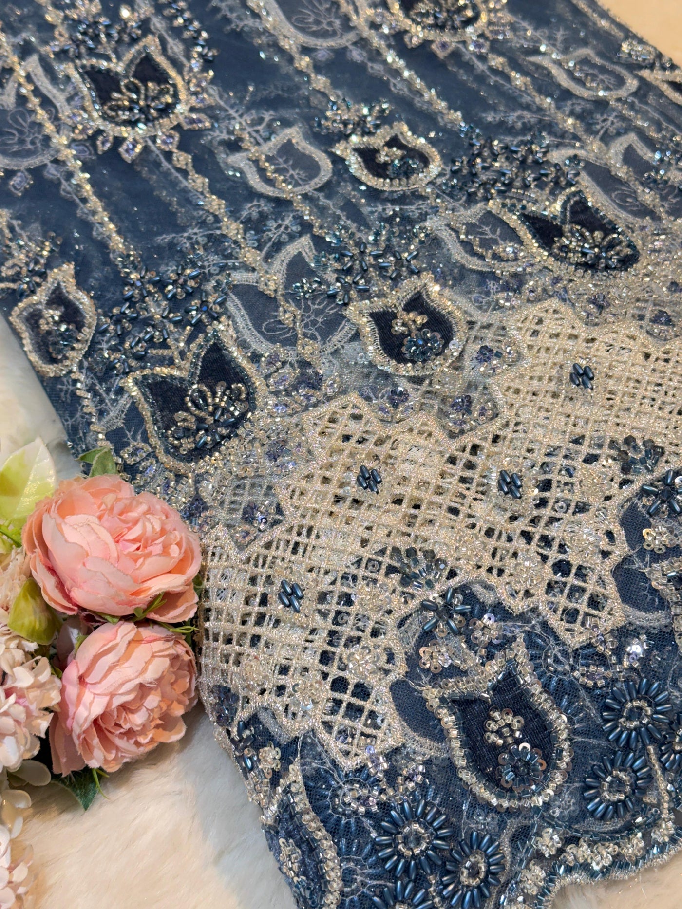 Imported Handwork Net Embroidery with Velvet Applique Work 54 inch width