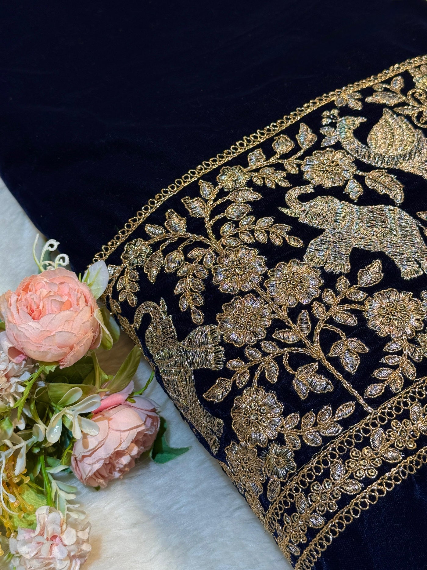 Navy Blue Ivy Velvet Daaman Zari embroidery  44 Inch width