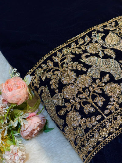 Navy Blue Ivy Velvet Daaman Zari embroidery  44 Inch width