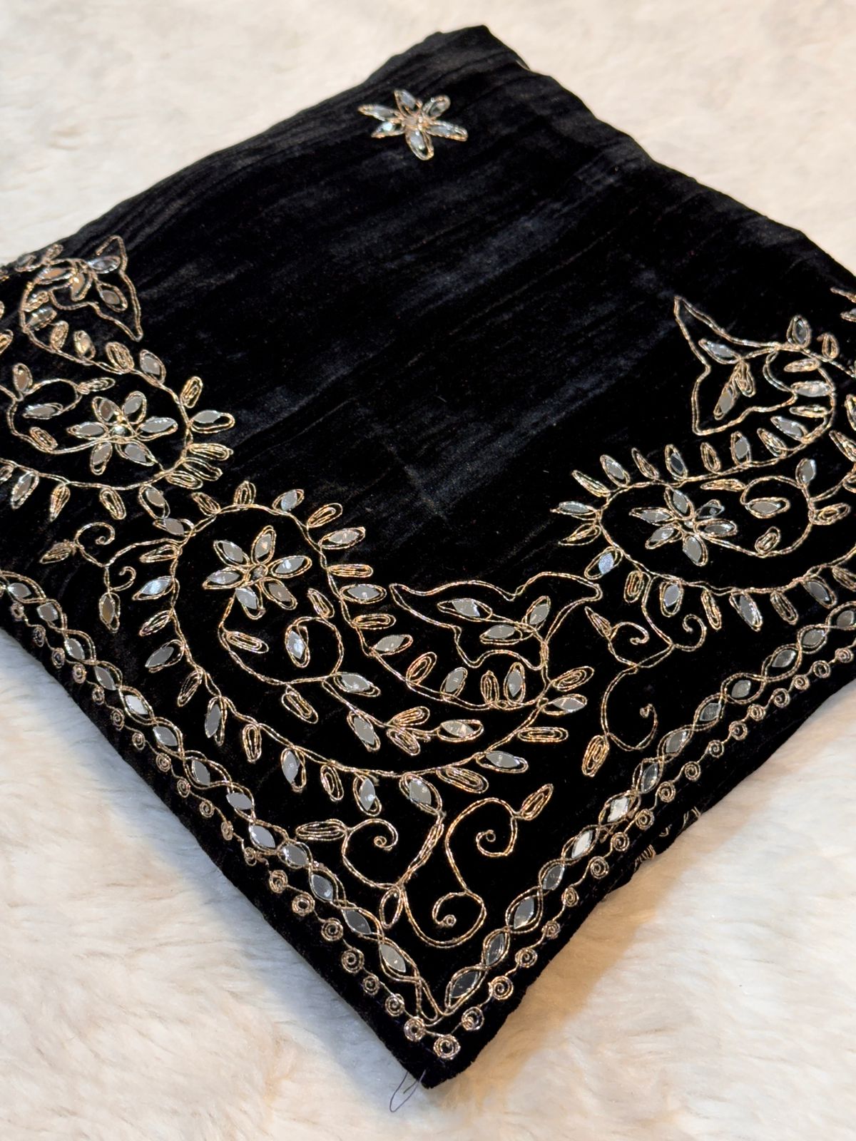 Black Pure Crush Velvet Real Mirror Handwork Dupatta 2.50 meter length