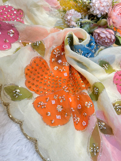 Ayesha Lemon Pure Organza Handwork Dupatta With Floral Work and Four Side Scalloped Borders 2.40 meter length