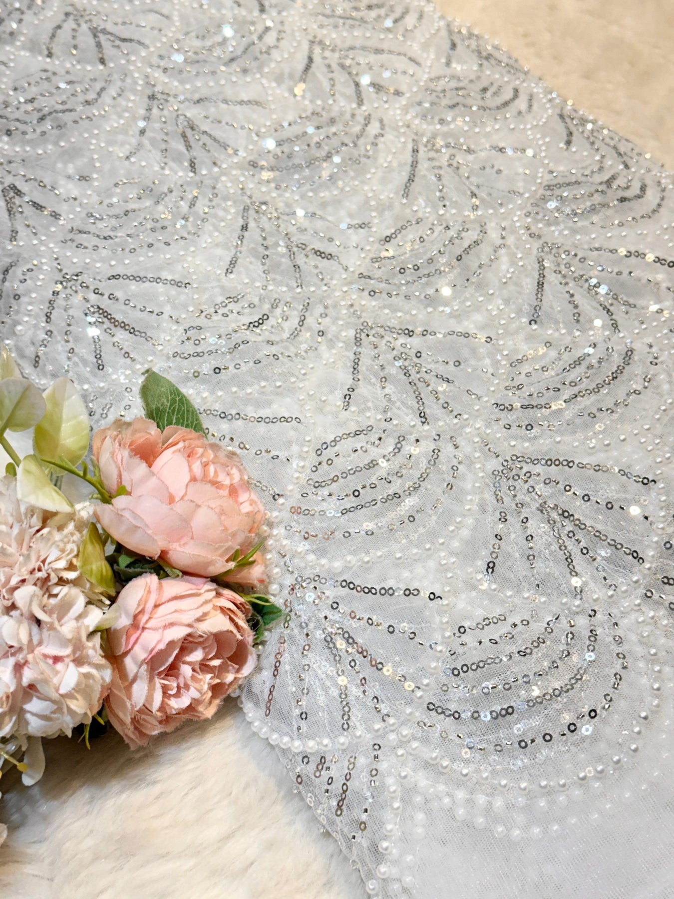 Color Handwork Elif lite White Color Handwork Net Embroidery With Pearl Sequins and C ...