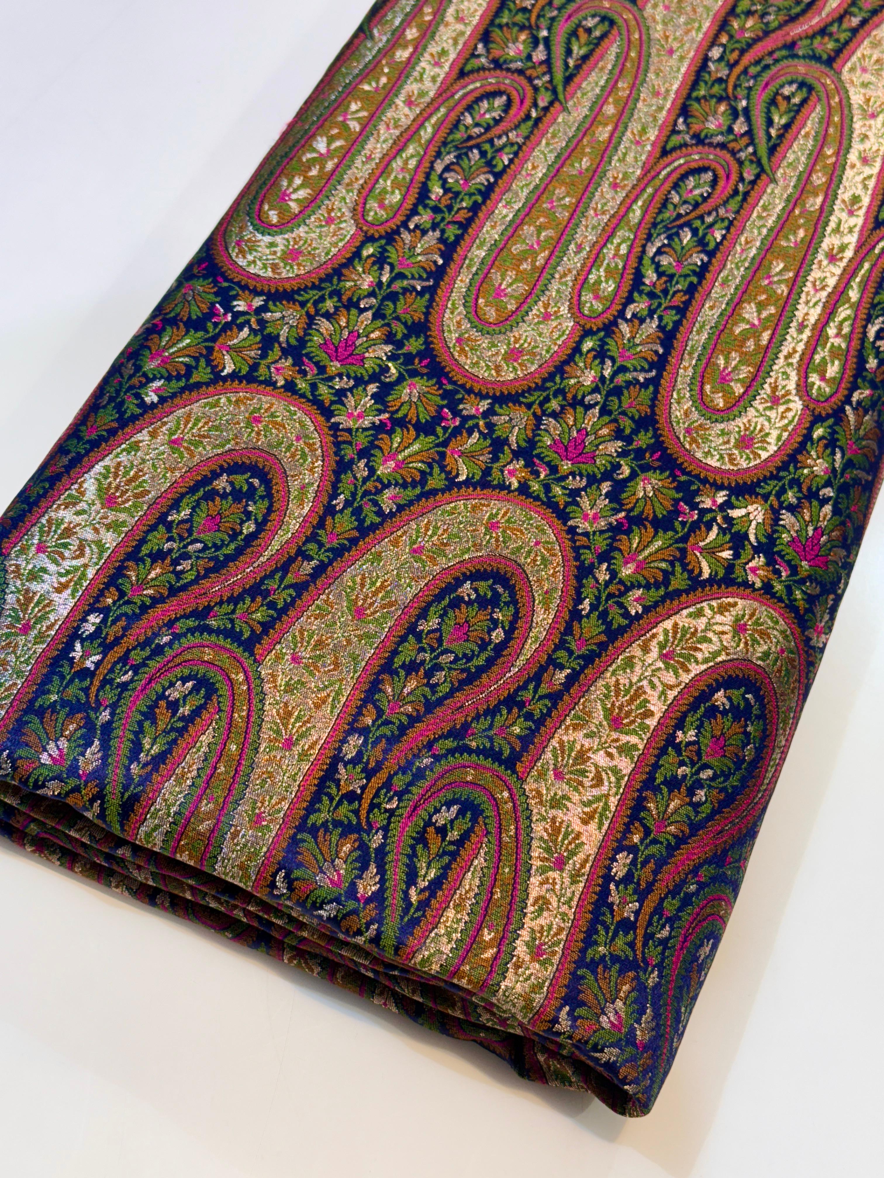 Navy Blue Pure Silk Kimkhab Brocade with Paisley Work 44 inch width (P ...