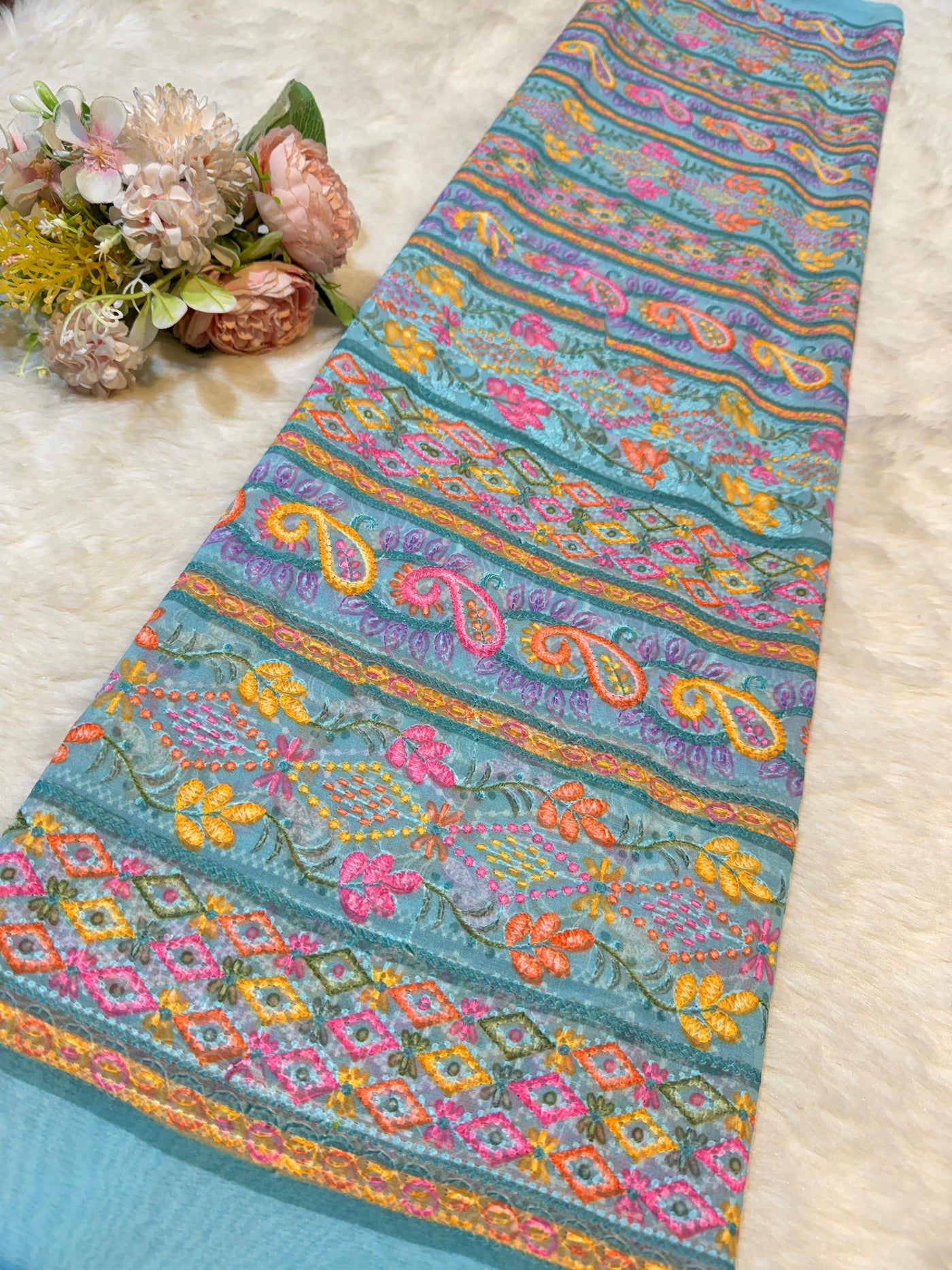 Blue  Georgette Chikankari Stripe Floral Threadwork Embroidery 44 inch width