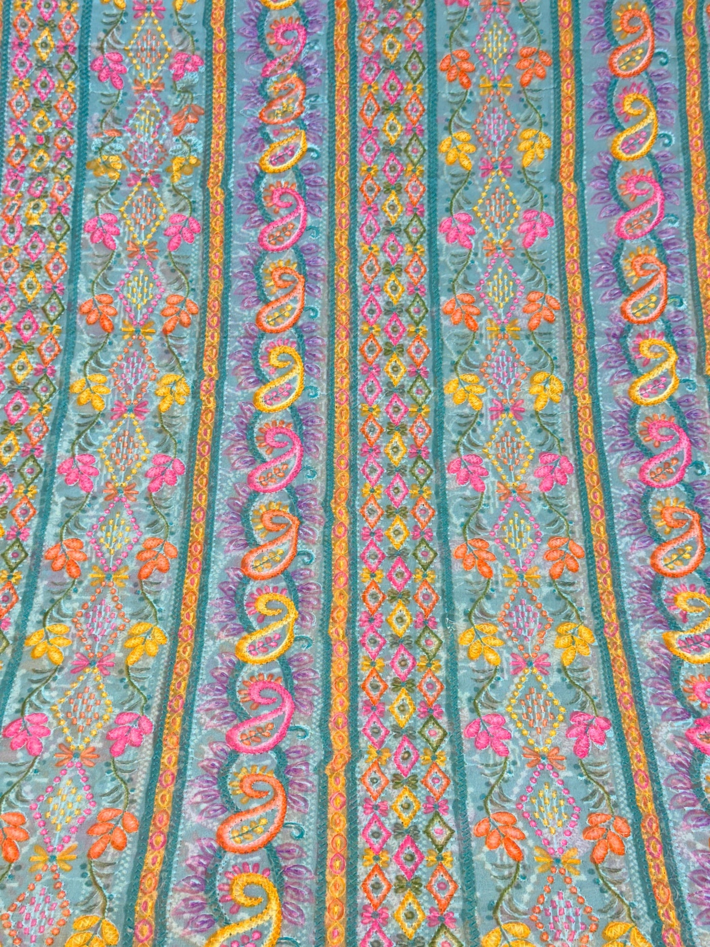Blue  Georgette Chikankari Stripe Floral Threadwork Embroidery 44 inch width